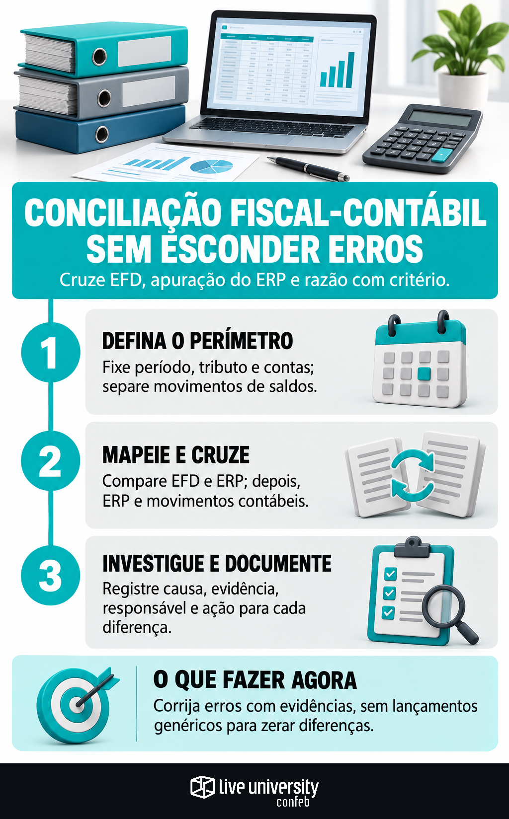 Infográfico: Conciliação fiscal-contábil sem esconder erros no fechamento