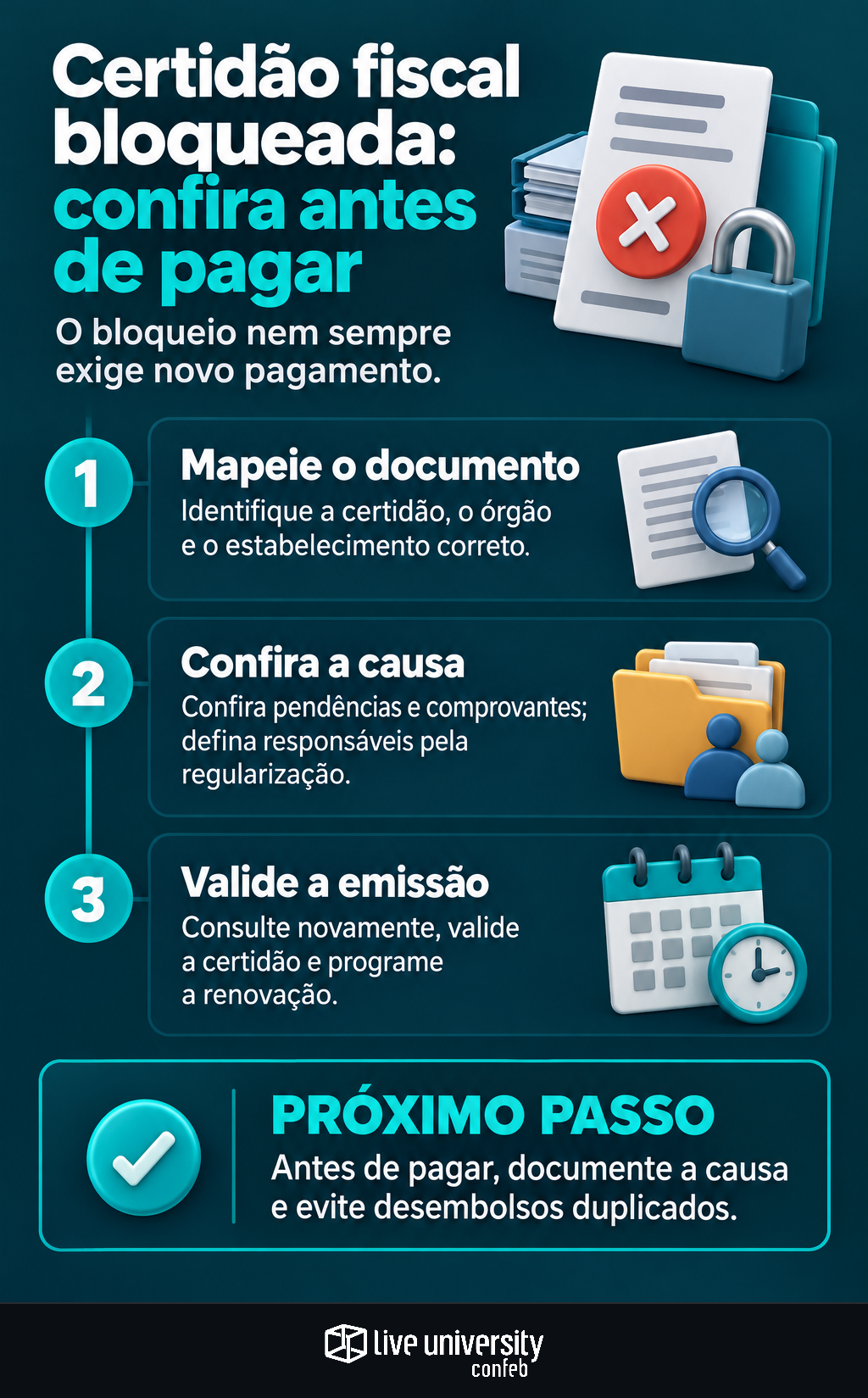 Infográfico: Certidão fiscal bloqueada exige diagnóstico antes de pagar